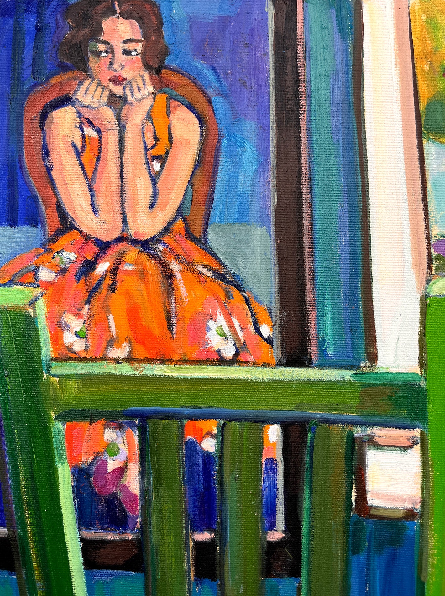 Green chair: Painting of woman with orange dress
