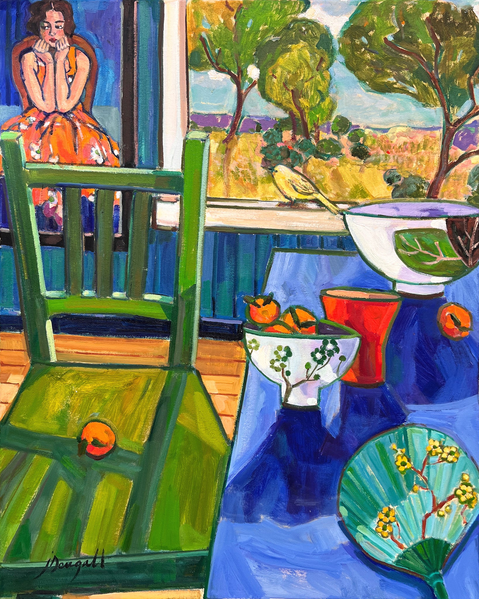 Green chair: Painting of woman with orange dress