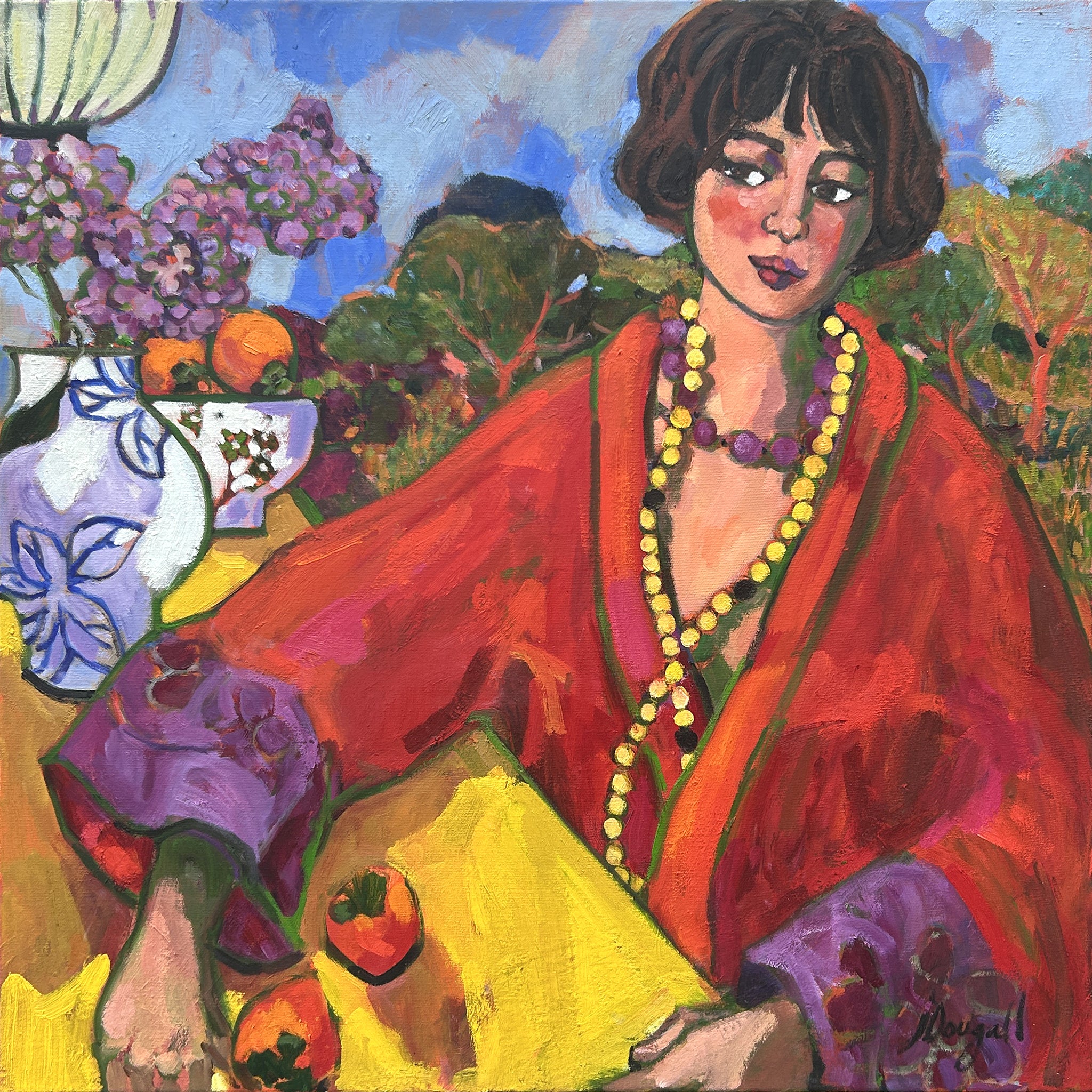 Kimono rouge : collier jaune