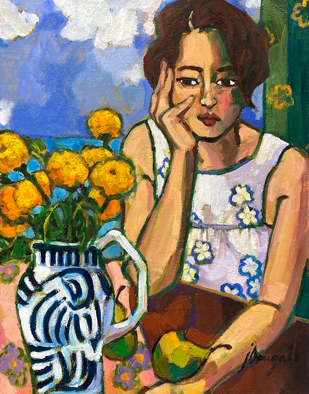 Her pose with marigolds