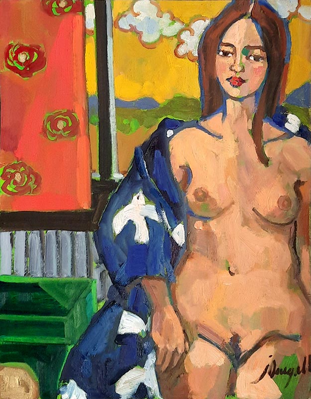 Doves in kimono blue