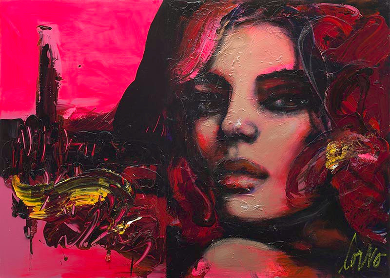 (Plexiglas) Visage sur fond rose avec reflets jaunes - Galerie d'Art Beauchamp