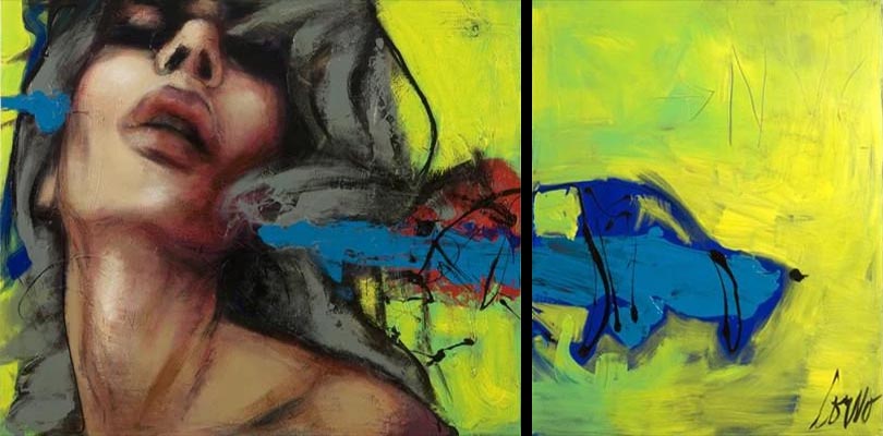 (Plexiglas) Visage sur fond vert jaune aux cheveux argent - Galerie d'Art Beauchamp