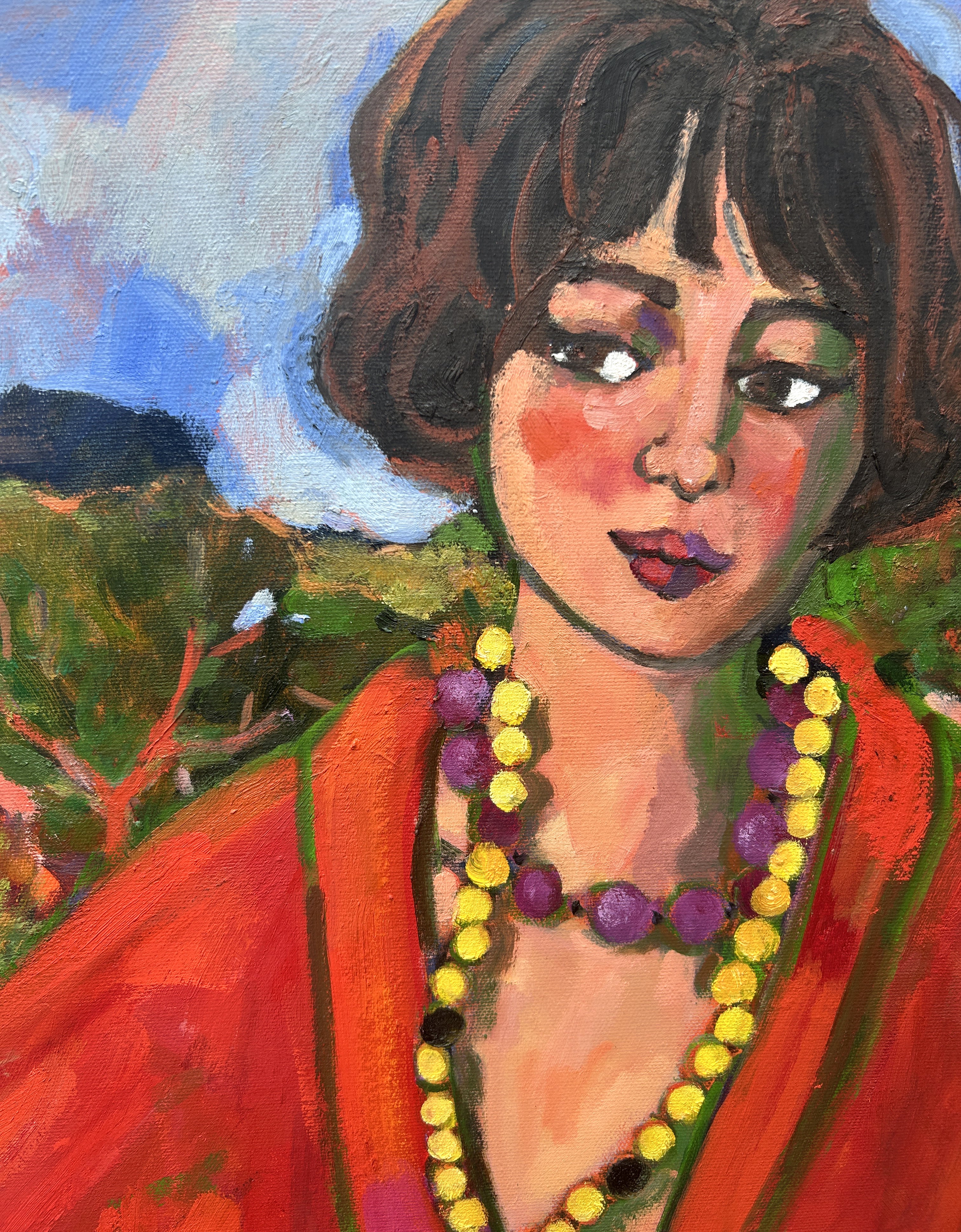 Kimono rouge : collier jaune