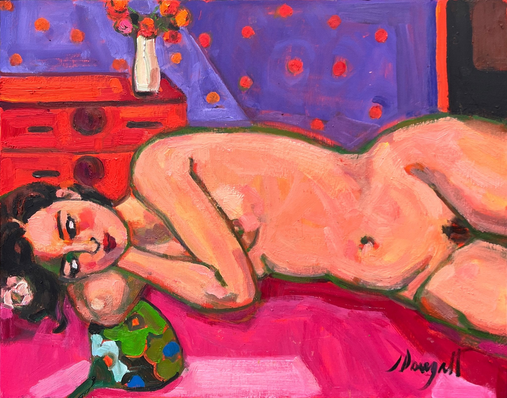 Nude II : Pose/pink cloth, japanese fan with flowers