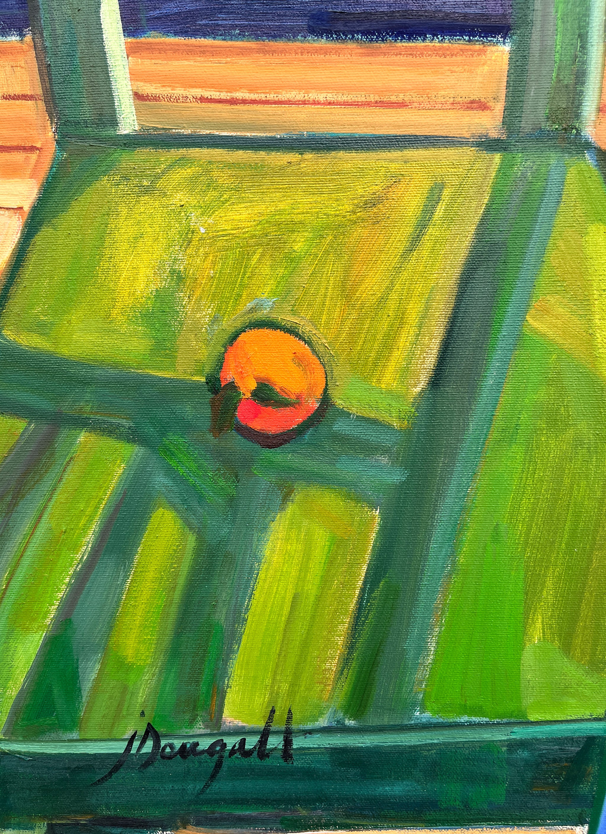 Green chair: Painting of woman with orange dress