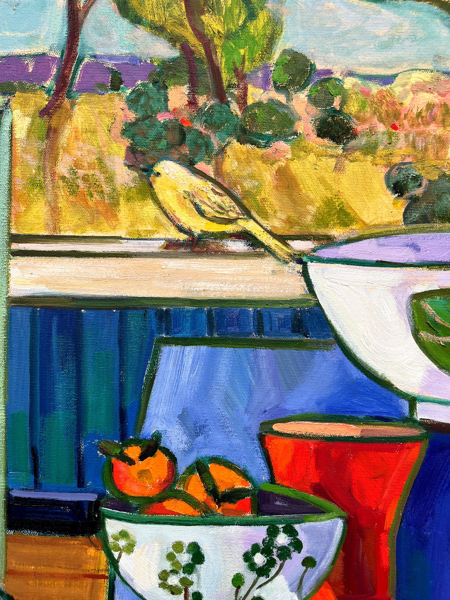 Green chair: Painting of woman with orange dress