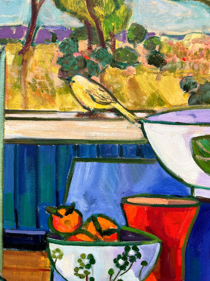 Green chair: Painting of woman with orange dress