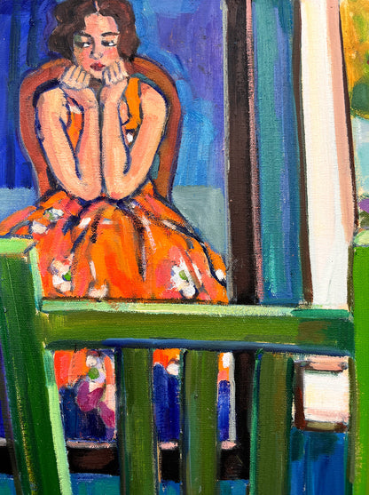 Green chair: Painting of woman with orange dress
