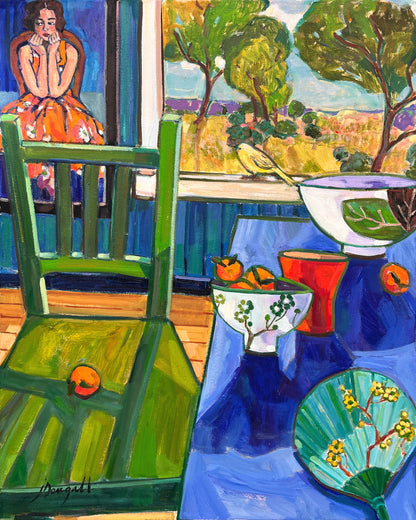 Green chair: Painting of woman with orange dress