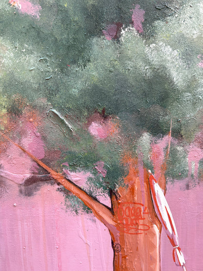 Couché d’soleil, reflet métal, graffiti rose, rouille-orangé