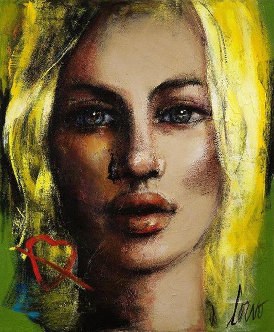 (Plexiglas) Blonde sur fond vert avec coeur - Petit/Small - Galerie d'Art Beauchamp
